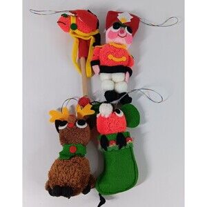 Fun & Fancy Felt Ornament Lot Christmas Reindeer Soldier Mouse Stocking Vtg